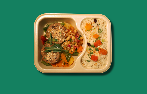 Coconut Chickpea Fritters on Lime and Black Bean rice with Green Beans and Pineapple Salsa