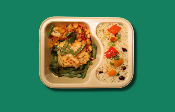 Coconut crusted Haddock on Lime and Black Bean rice with Green Beans and Pineapple salsa